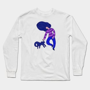 Cool girl with blue hair and blue cat walking, version 4 Long Sleeve T-Shirt